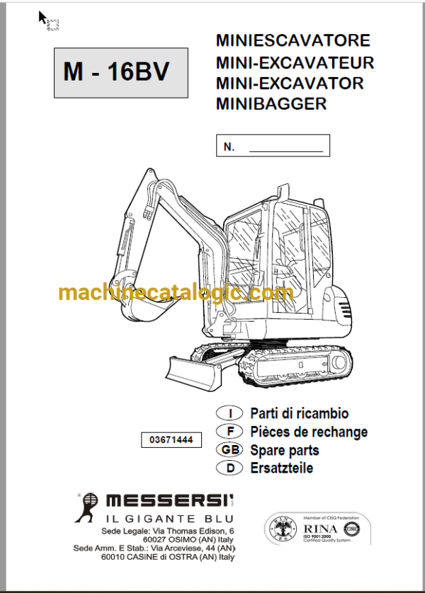 Messersi M16BV Mini Excavator Spare Parts Catalog