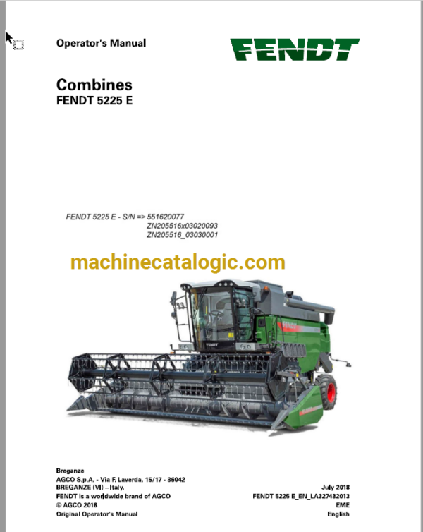 Fendt 5225 E Combines Harvesting Operator's Manual (551620077)