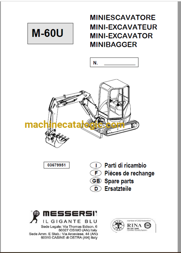 Messersi M60U Mini Excavator Spare Parts Catalog