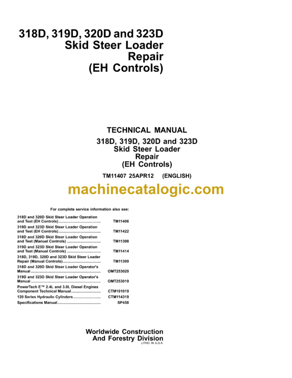 John Deere 318D, 319D, 320D, 323D Skid Steer Loader Repairs EH Controls Technical Manual (TM11407)