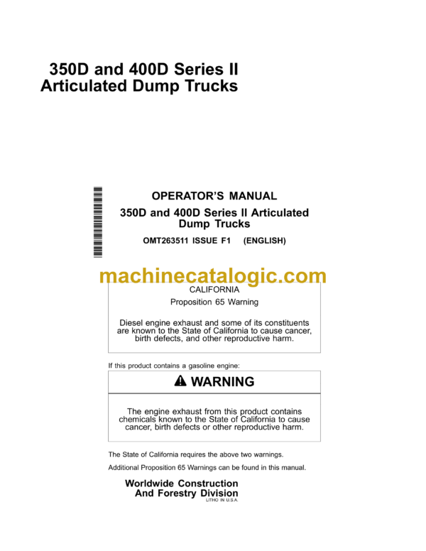 John Deere 350D, 400D Series II Articulated Dump Trucks Operator's Manual (OMT263511)