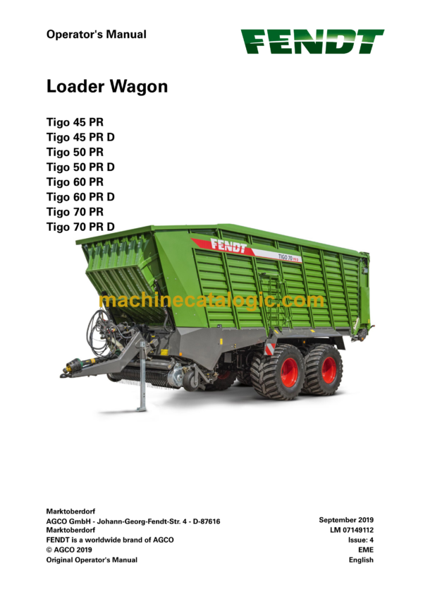 Fendt Tigo 45 PR, 45 PR D, 50 PR, 50 PR D, 60 PR, 60 PR D, 70 PR, 70 PR D Loader Wagon Operator's Manual