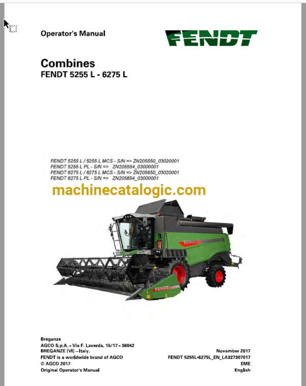 Fendt 5255L, 6275L Combines Harvesting Operator's Manual (327307017)