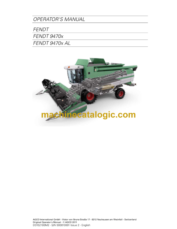 Fendt 9470X Harvesting HYBRID STAGE 3B Combines Operator's Manual (D3152100)