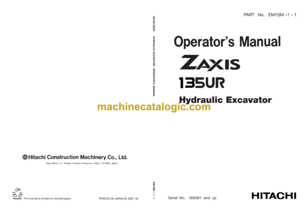 Hitachi ZX135UR Excavator Operator's Manual (EM1SM-1-1)