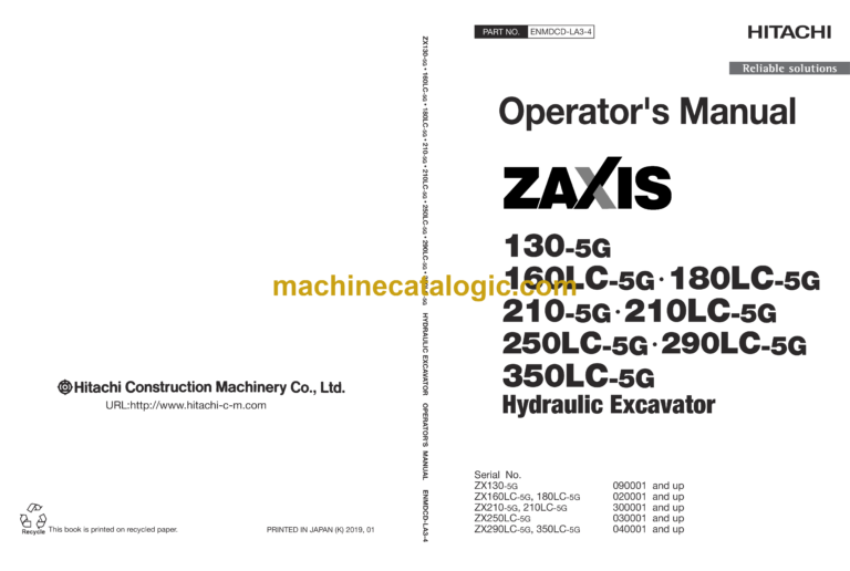 Hitachi ZX130-5G,ZX160LC5G,ZX180LC-5G,ZX210-5G,ZX210LC-5G,ZX250LC-5G,ZX290LC-5G,ZX350LC-5G Hydraulic Excavator Operator's Manual (ENMDCD-LA3-4)