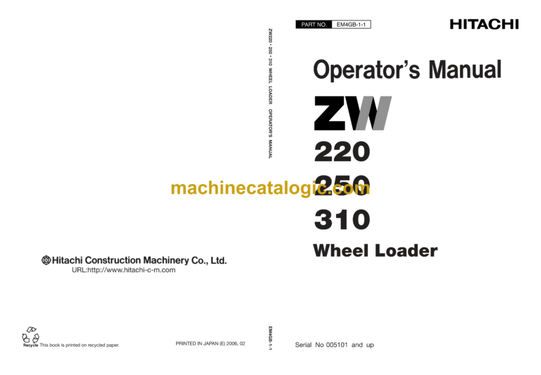 Hitachi ZW220,ZW250,ZW310 Wheel Loader Operator's Manual (EM4GB-1-1, EM4GB-1-2)