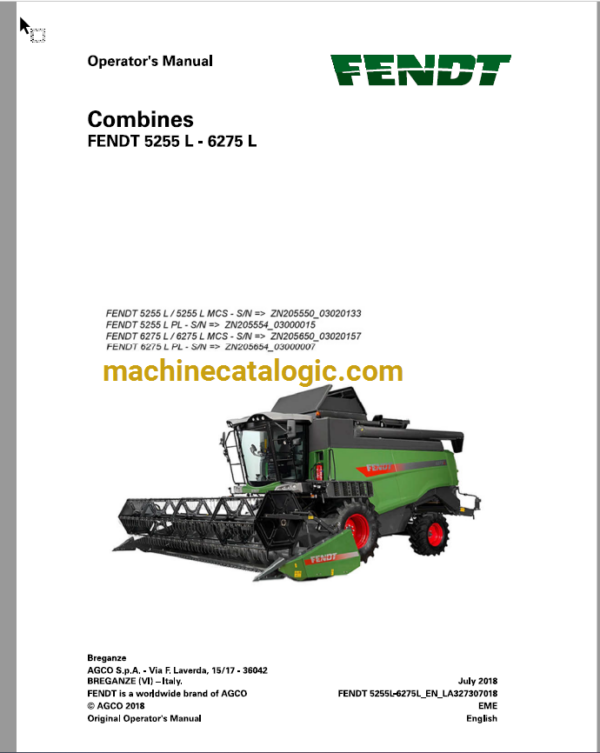 Fendt 5255L, 6275L Combines Harvesting Operator's Manual (327307018)