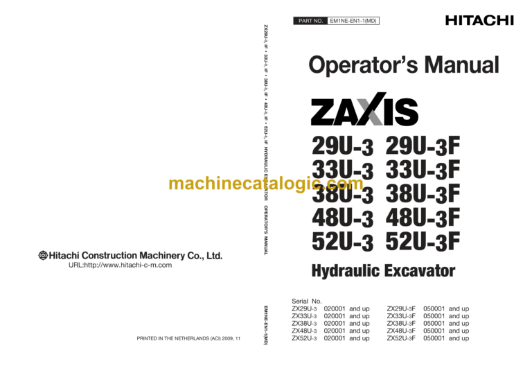 Hitachi ZX29U-3(F), ZX33U-3(F), ZX38-3(F), ZX48U-3(F), 52U-3(F) Hydraulic Excavator Operator's Manual (EM1NE-EN1-1MD)