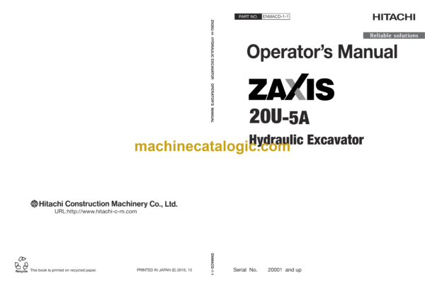 Hitachi ZX20U-5A Hydraulic Excavator Operator’s Manual (ENMACD-1-1, ENMACD-1-2)