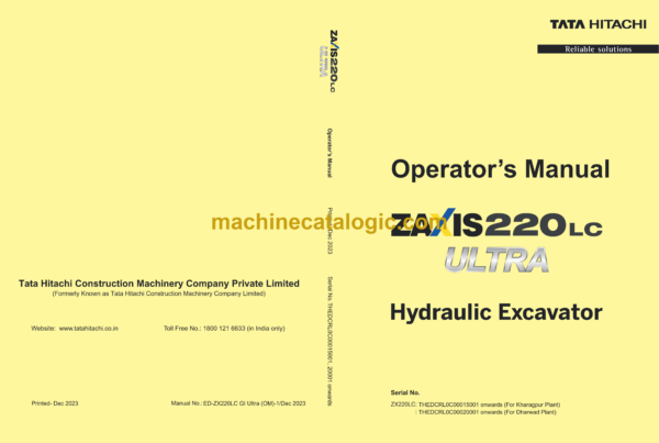 Hitachi ZX220LC-5G Hydraulic Excavator Operator's Manual