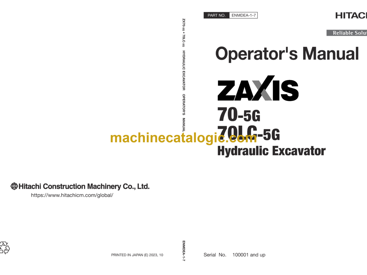 Hitachi ZX70-5G,ZX70LC-5G Hydraulic Excavator Operator's