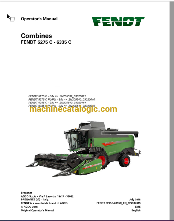 Fendt 5275C - 6335C Combines Harvesting Operator's Manual (327317019)