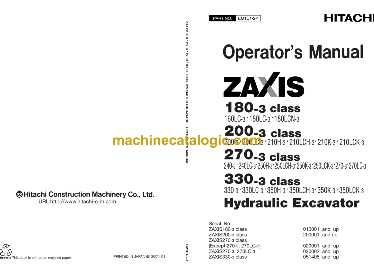 Hitachi ZX180-3 Class, ZX200-3 Class, ZX330-3 Class Hitachi ZX180-3 Class, ZX200-3 Class, ZX330-3 Class