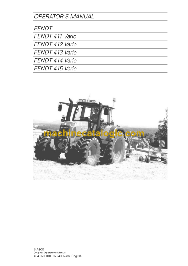 Fendt 411, 412, 413, 414, 415 Vario Tractor Operator's Manual