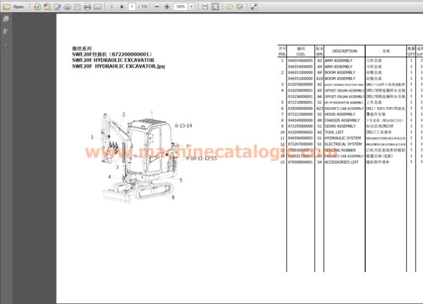 SWE20F Hydraulic Excavator Parts Manual