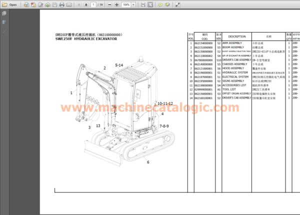 SUNWARD SWE25UF Excavator Parts Catalog PDF