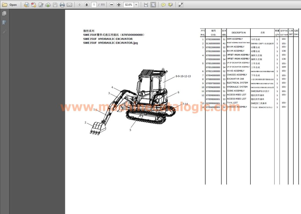 Sunward SWE35UF Hydraulic Excavator Parts Catalog Machine Catalogic