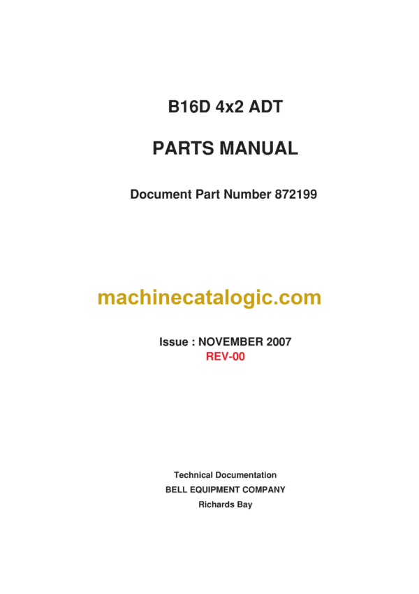 Bell B16D 4x2 ADT Articulated Dump Truck Parts Manual (872199)