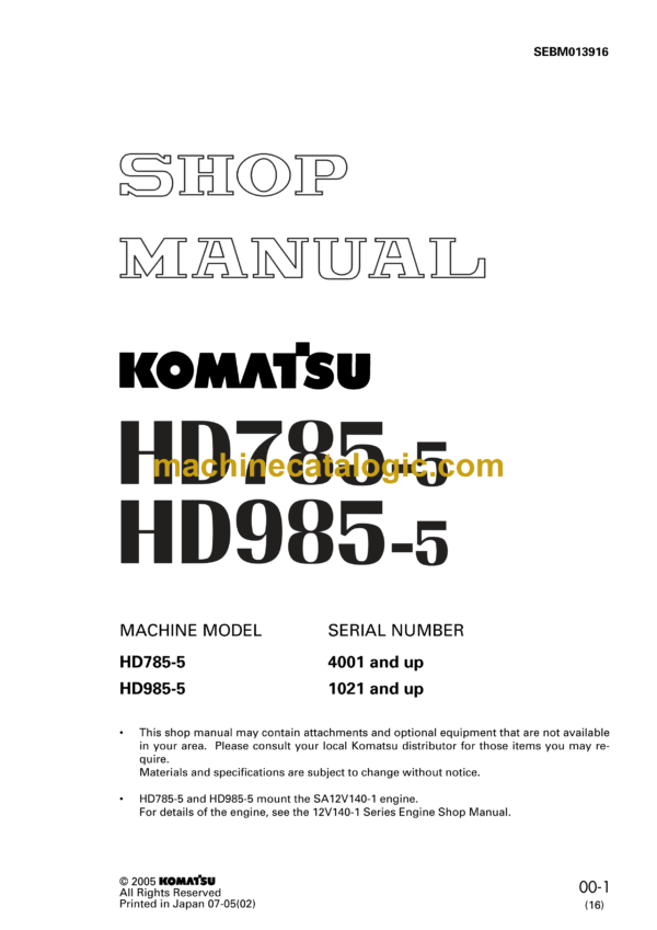 Komatsu HD785-5, HD985-5 Dump Truck Shop Manual (SEBM013916)