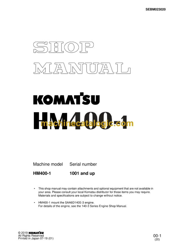 Komatsu HM400-1 Dump Truck Shop Manual (SEBM023020)