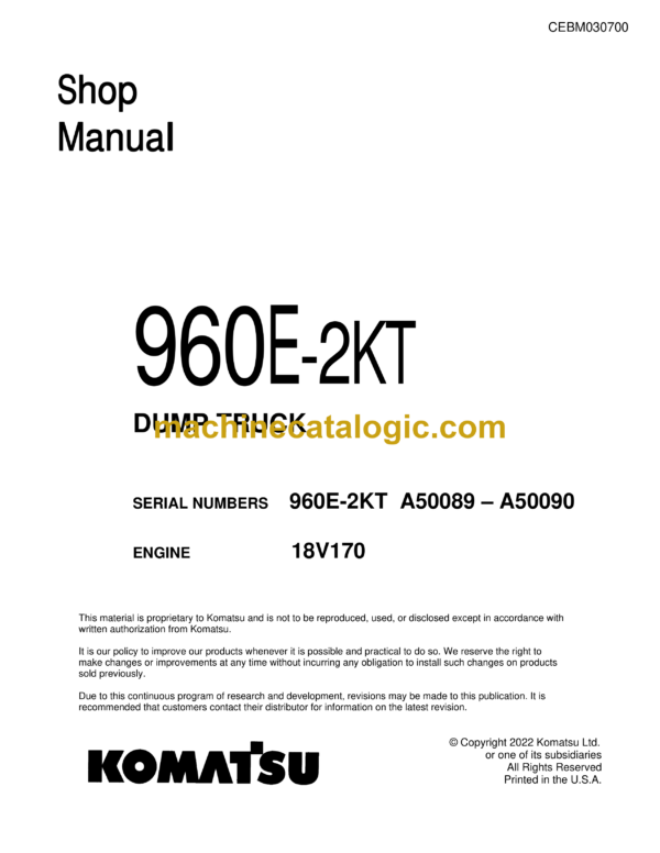 Komatsu 960E-2KT Dump Truck Shop Manual (CEBM030700)