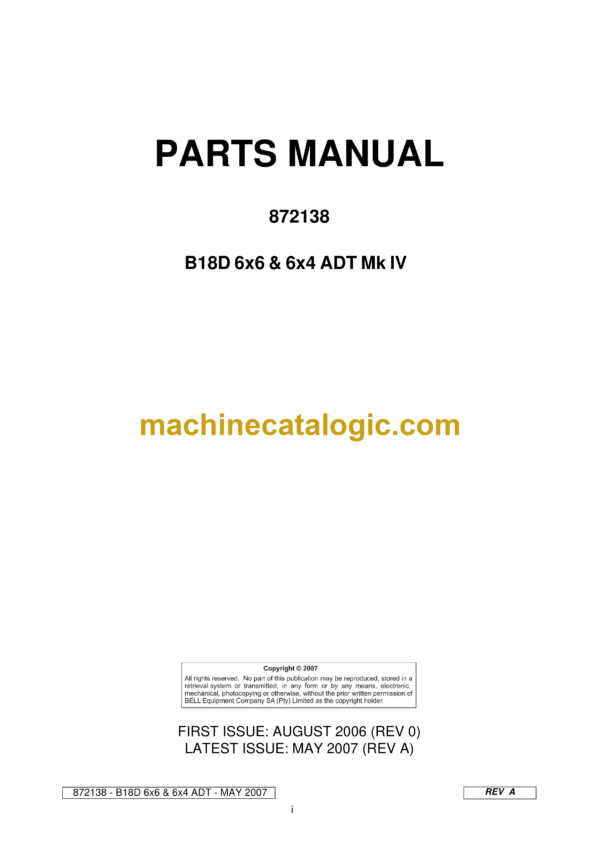 Bell B18D 6x6 & 6x4 Mk IV ADT Articulated Dump Truck Parts Manual (872138)