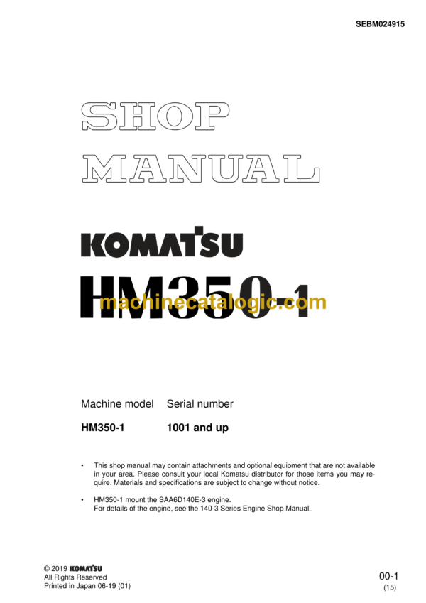 Komatsu HM350-1 Dump Truck Shop Manual (SEBM024915)