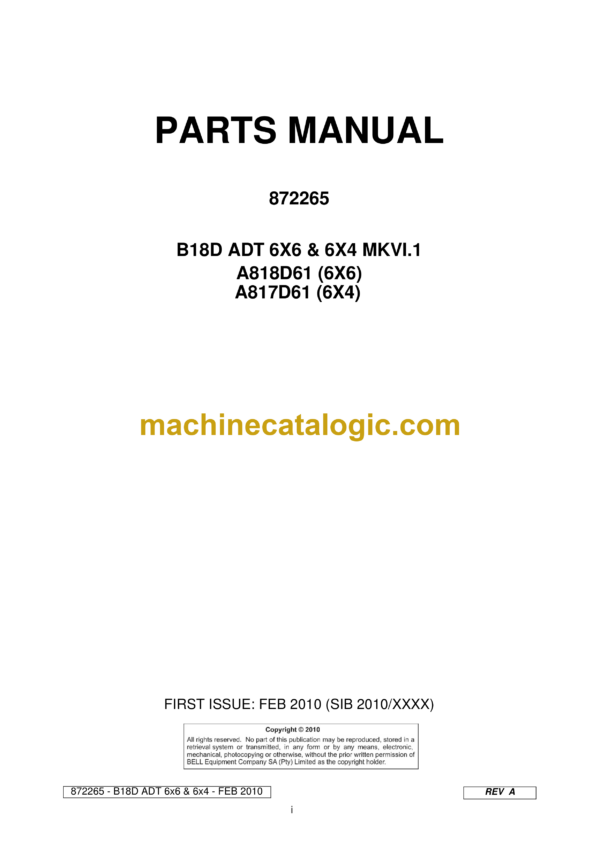 Bell B18D ADT 6X6 & 6X4 MKVI.1, A818D61 6X6, A817D61 6X4 Articulated Dump Truck Parts Manual (872265)