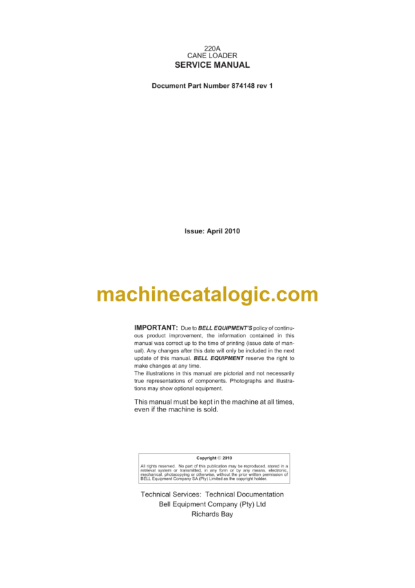 Bell 220A Cane Loader Service Manual (874148)