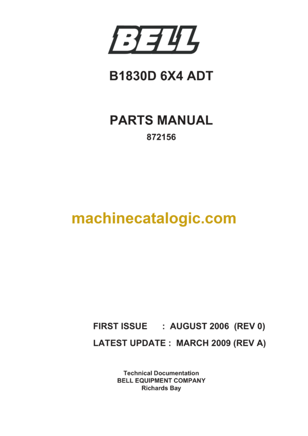 Bell B1830D 6X4 ADT Articulated Dump Truck Parts Manual (872156)