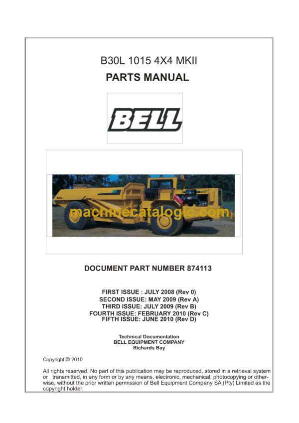 Bell B30L 1015 4X4 Mk II Articulated Dump Truck Parts Manual (874113)