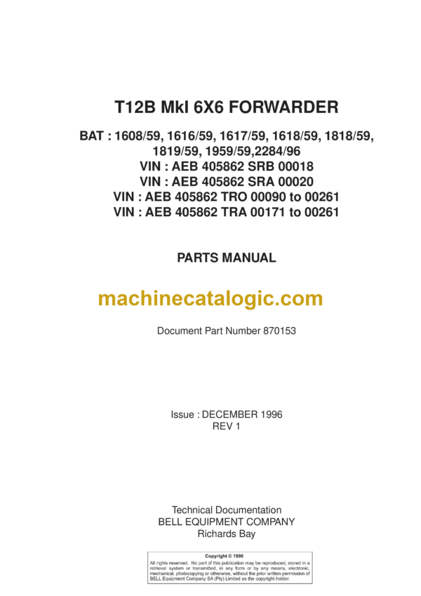 Bell T12B Mk I 6X6 Forwarder Parts Manual (870153)