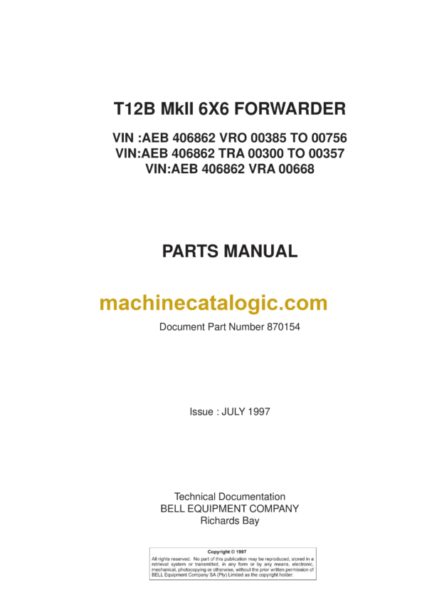 Bell T12B Mk II 6X6 Forwarder Parts Manual (870154)