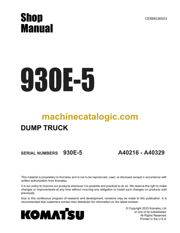 Komatsu 930E-5 Articulated Dump Truck Shop Manual (CEBM036503)