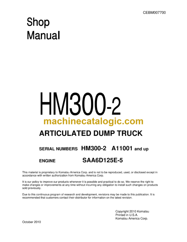 Komatsu HM300-2 Articulated Dump Truck Shop Manual (CEBM007700)