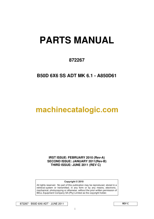 Bell B50D 6X6 SS ADT MK 6.1 Articulated Dump Truck Parts Manual (872267) (A850D61)