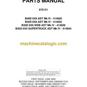 Bell B40D 6X6 ADT Mk IV - 414840, B35D 6X6 ADT Mk IV - 414835, B35D 6X6 WDB ADT Mk IV - 414836, B40D 6X4 SUPERTRUCK ADT Mk IV - 414844 Articulated Dump Truck Parts Manual (872141)