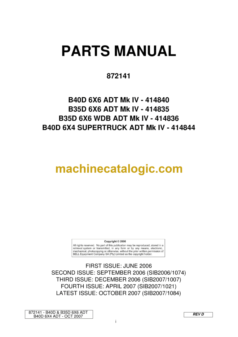 Bell B40D 6X6 ADT Mk IV - 414840, B35D 6X6 ADT Mk IV - 414835, B35D 6X6 WDB ADT Mk IV - 414836, B40D 6X4 SUPERTRUCK ADT Mk IV - 414844 Articulated Dump Truck Parts Manual (872141)