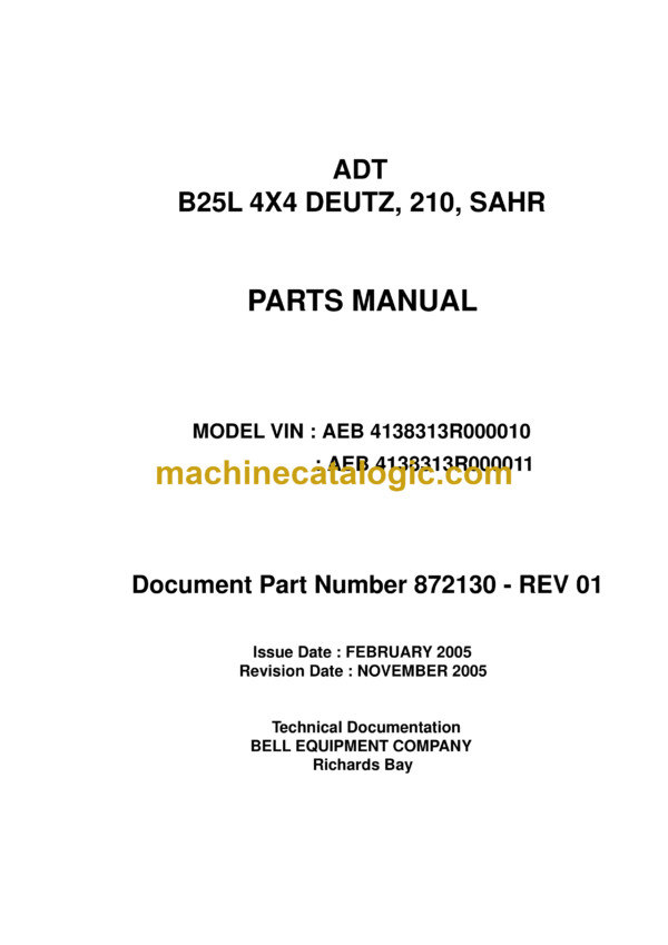 Bell B25L 4X4 DEUTZ, 210, SAHR Articulated Dump Truck Parts Manual (872130)