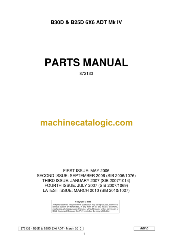 Bell B30D & B25D 6X6 ADT Mk IV Articulated Dump Truck Parts Manual (872133)