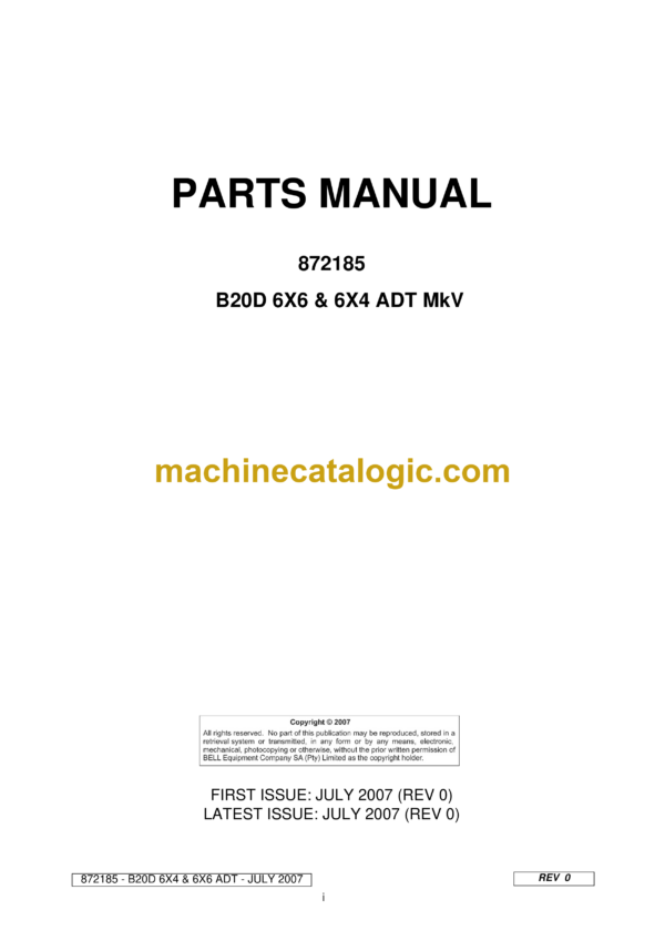 Bell B20D 6X6 & 6X4 Mk V ADT Articulated Dump Truck Parts Manual (872185)