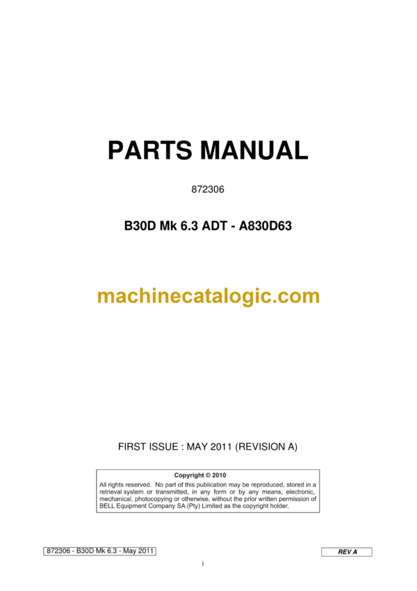 Bell B30D Mk 6.3 ADT - A830D63 Articulated Dump Truck Parts Manual (872306)