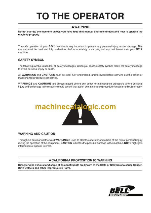 Bell B16B 6X2 Articulated Dump Truck Operator's and Maintenance Manual (870979)