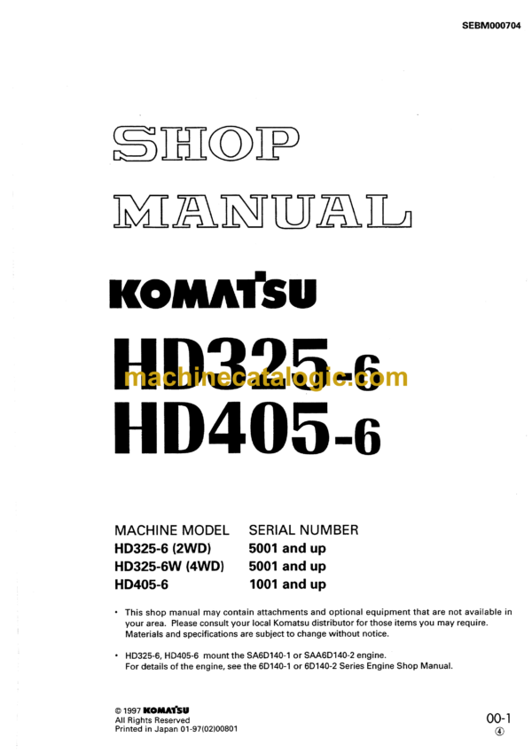 Komatsu HD325-6, HD405-6 Dump Truck Shop Manual (SEBM000704)