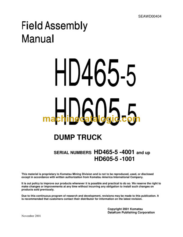 Komatsu HD465-5, HD605-5 Dump Truck Shop Manual (SEAWD00404)