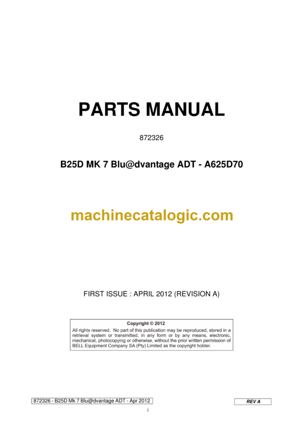 Bell B25D MK 7 Blu@dvantage ADT - A625D70 Articulated Dump Truck Parts Manual (872326)