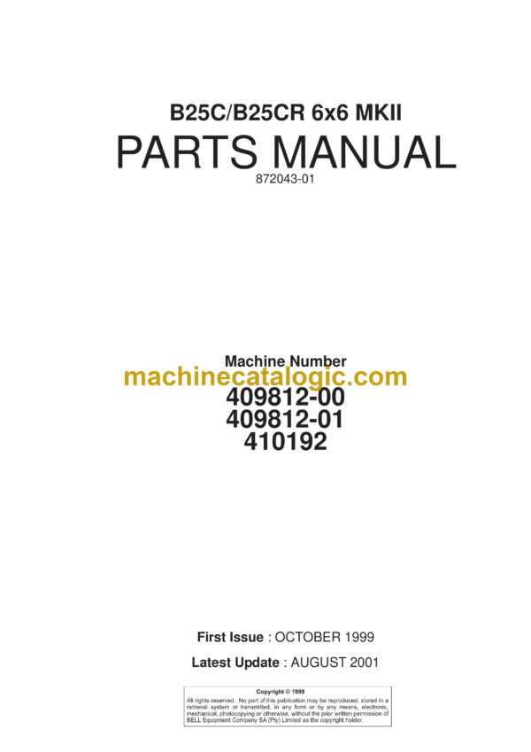 Bell B25C, B25CR 6X6 Mk II Articulated Dump Truck Parts Manual (872043-01)