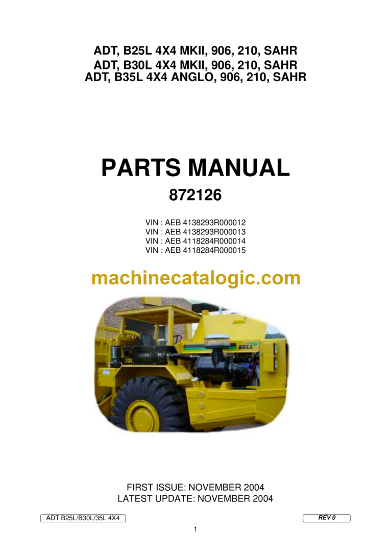 Bell B25L 4X4 MKII, 906, 210, SAHR, B30L 4X4 MKII, 906, 210, SAHR, B35L 4X4 ANGLO, 906, 210, SAH Articulated Dump Truck Parts Manual (872126)