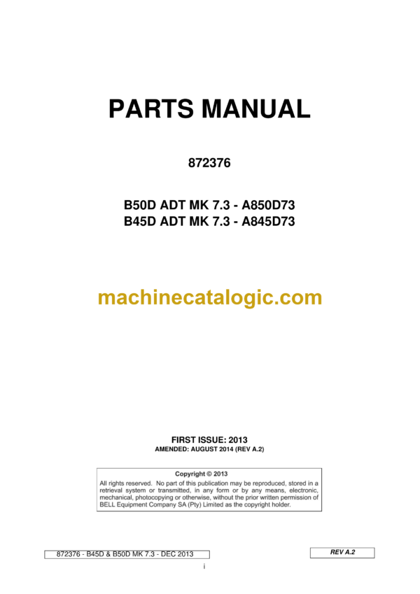 Bell B50D, B45D ADT MK 7.3 Articulated Dump Parts Manual (872376) (A850D73, A845D73)